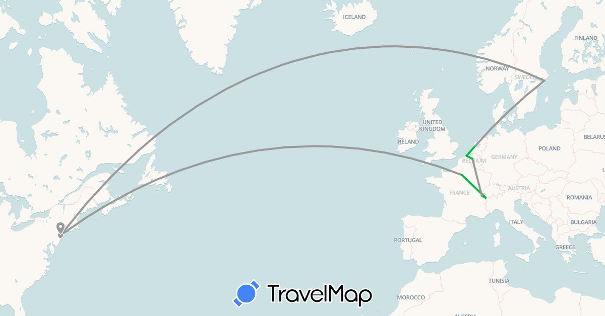 TravelMap itinerary: bus, plane in Belgium, Switzerland, France, Netherlands, Sweden, United States (Europe, North America)